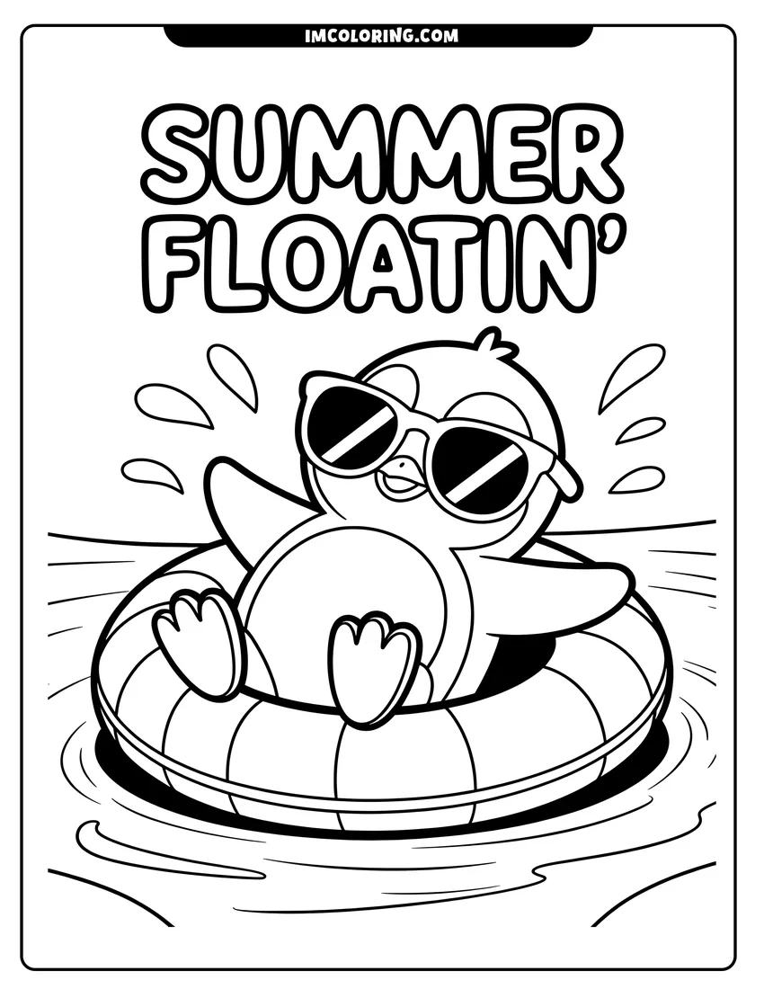 Coloring sheet featuring A cartoon penguin wearing sunglasses floating in a striped inner tube on the water with splashing droplets