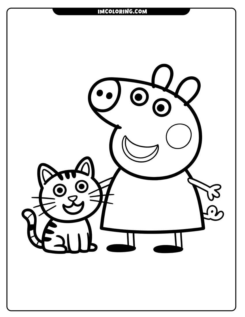 Clean line drawing: A smiling Peppa Pig standing next to a small striped cat with whiskers and a long tail
