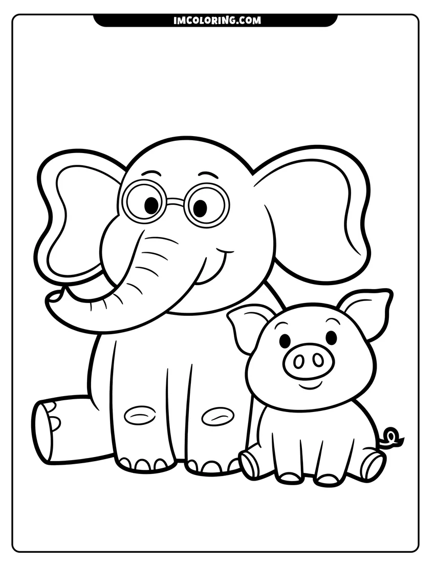 Vector style outline of A cute cartoon pig and an elephant with round glasses sitting together on a white background