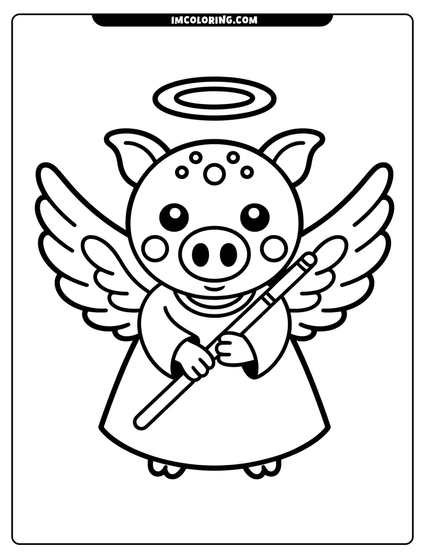 Downloadable coloring page of A cute cartoon pig angel with wings and a halo holding a magic wand in its hands