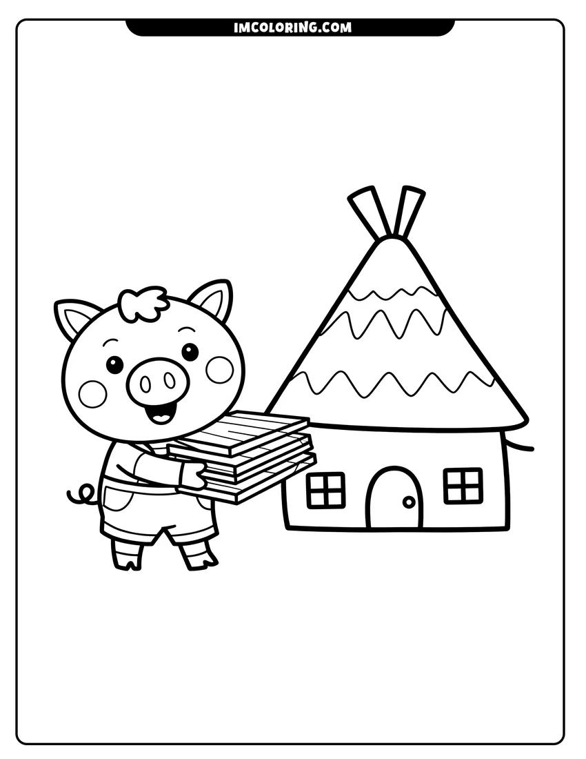 Linear illustration of A cartoon pig holding wooden boards while standing next to a small house with a thatched roof