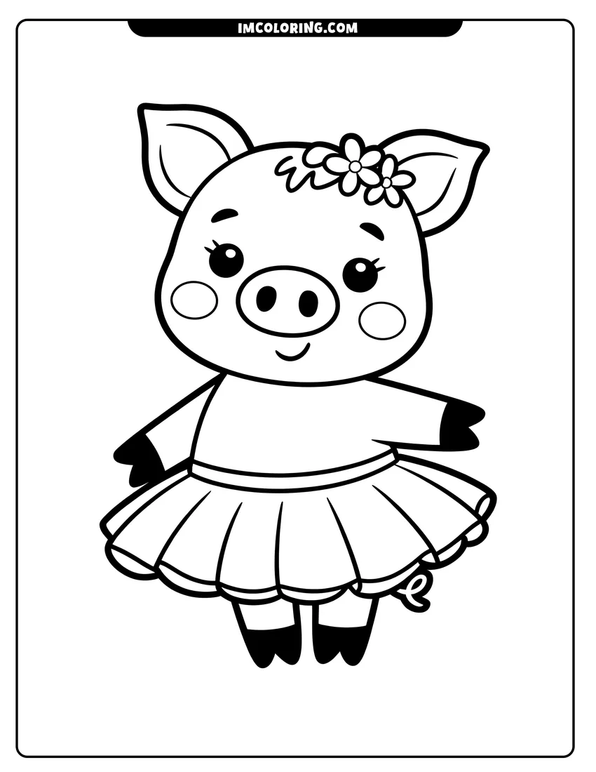 Coloring page of A cute cartoon pig wearing a ballerina tutu and a flower crown on its head while smiling