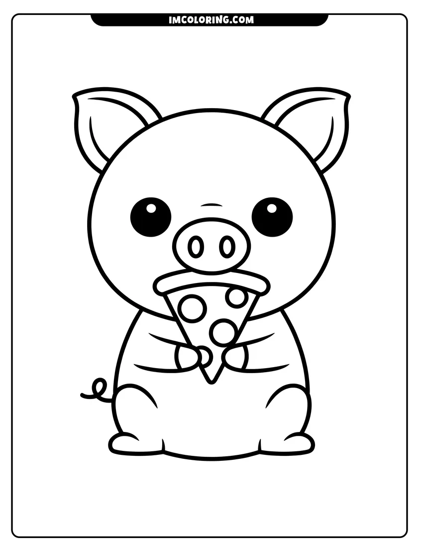 Free to print drawing of A cute cartoon piglet sitting down and holding a slice of pepperoni pizza with a curly tail