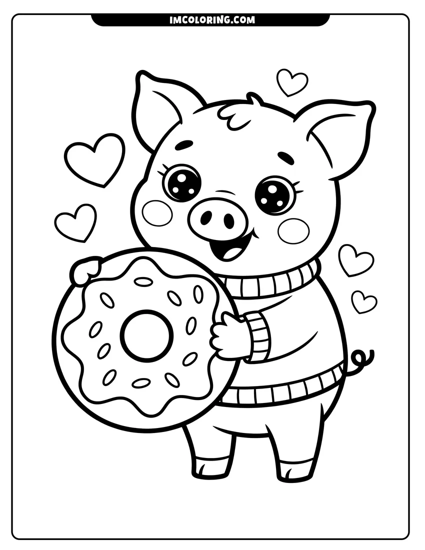 Downloadable coloring page of A cute cartoon pig wearing a striped sweater holding a large sprinkled donut surrounded by small hearts