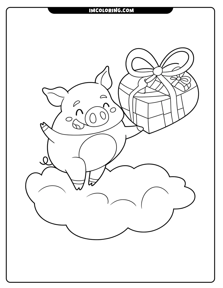 Vector style outline of A happy cartoon piglet sitting on a fluffy cloud and holding a large gift with a bow