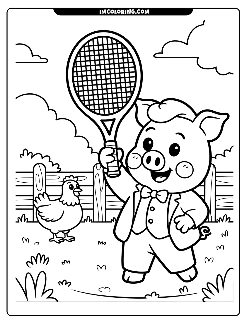 Free printable coloring sheet of A smiling pig in a tuxedo holds a tennis racket next to a hen on a farm