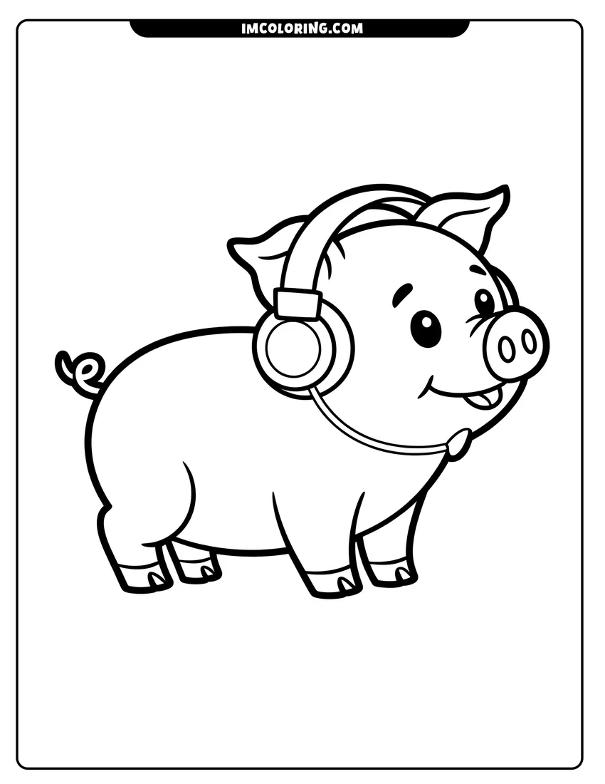 Printable coloring page of A happy cartoon pig wearing large headphones and smiling with a curly tail and thick black outlines