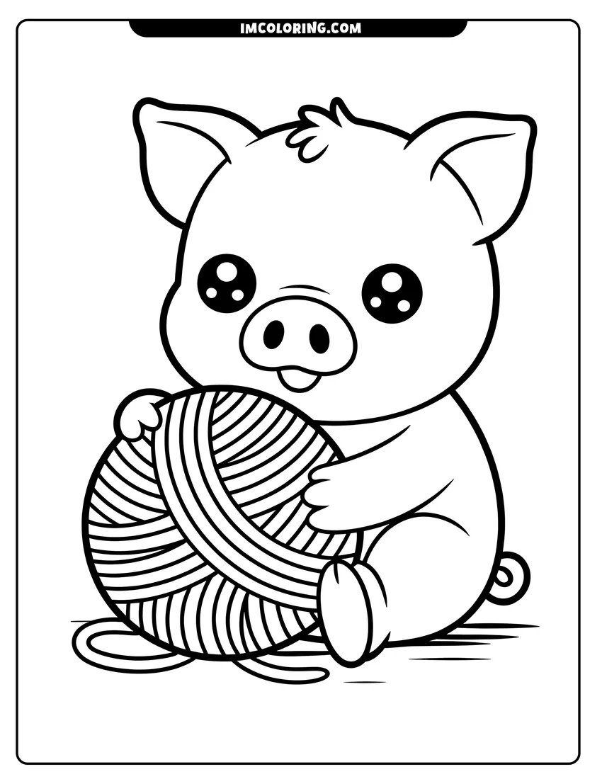 Black and white line art of A cute baby pig with large eyes hugging a big ball of striped yarn while sitting down