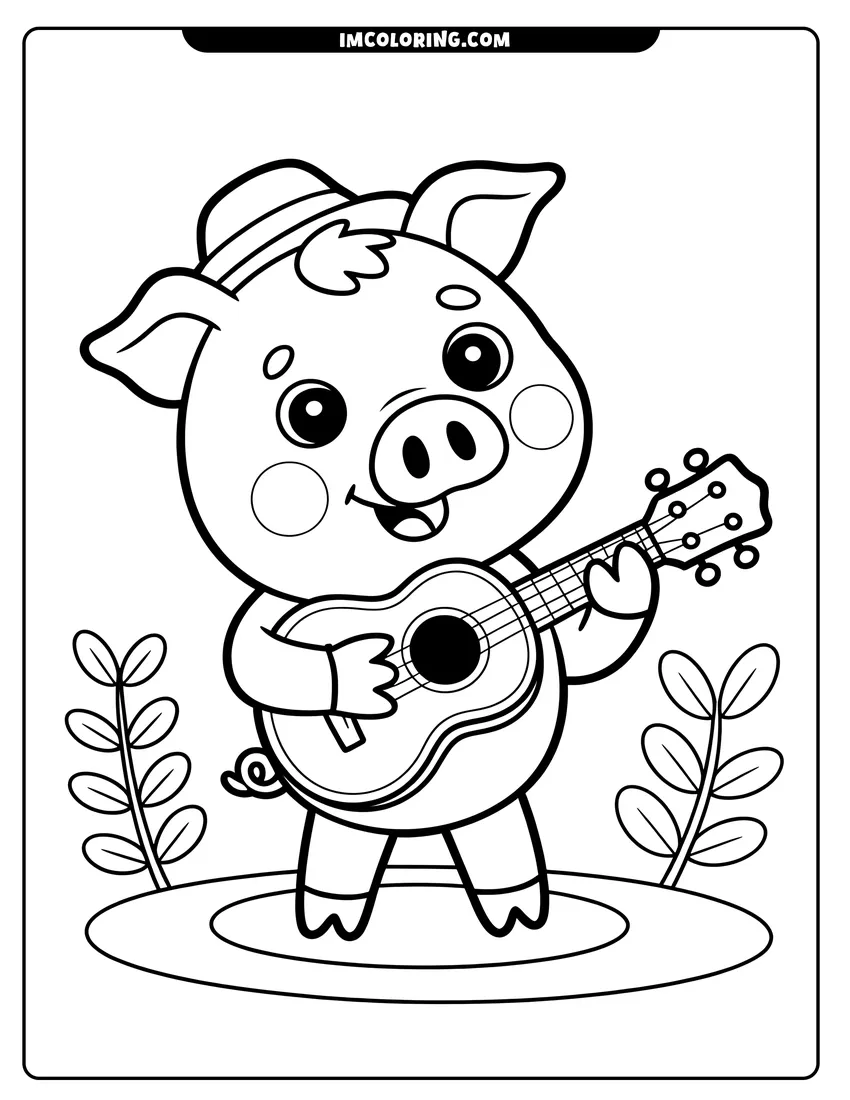 Coloring page for kids: A smiling pig in a hat playing the ukulele while standing near some small plants