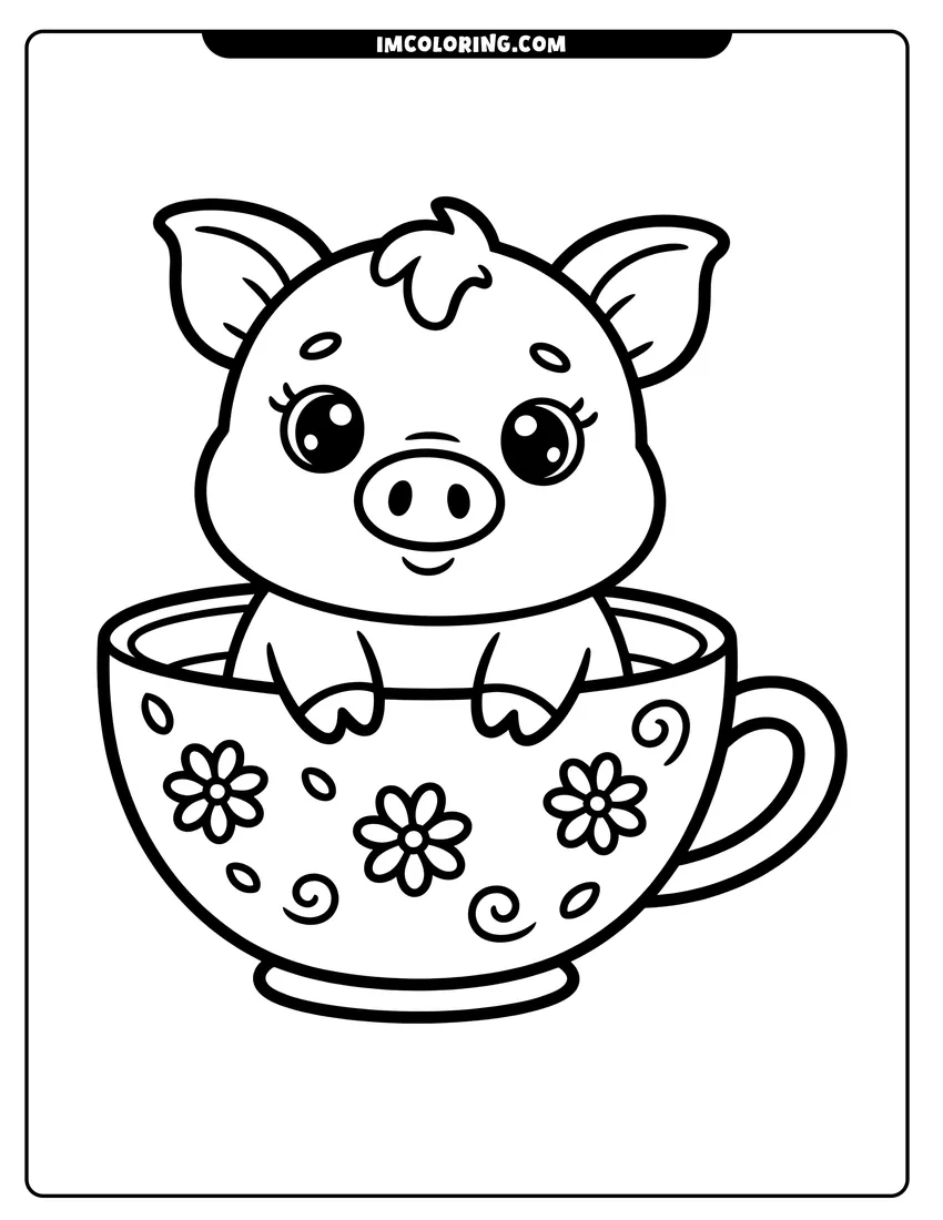 Clean line drawing: A cute cartoon pig with big eyes sitting inside a teacup decorated with small flowers
