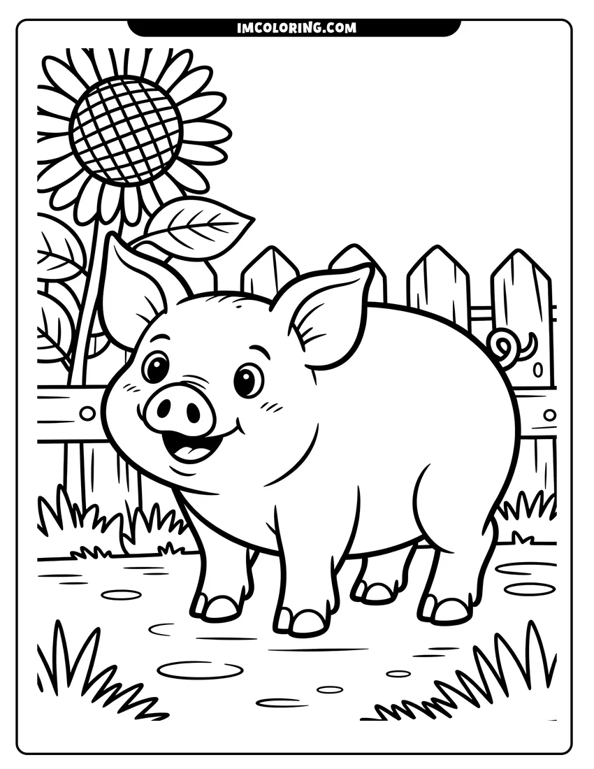 Printable line art of A smiling cartoon pig stands in a yard next to a large sunflower and a picket fence