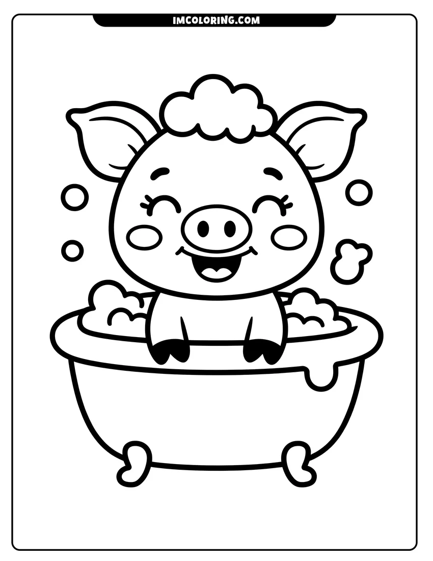 Simple sketch of A smiling cartoon pig sitting in a bathtub filled with bubbles and wearing soap on its head to color
