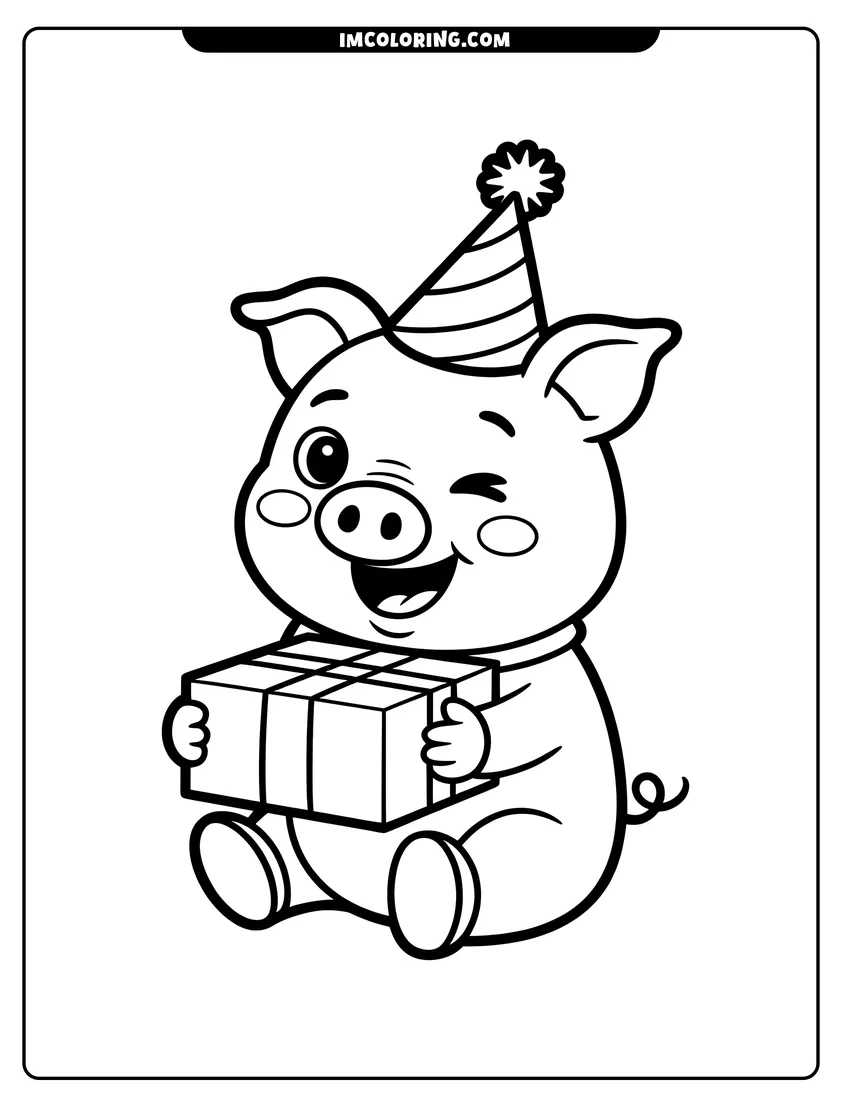 Black and white line art of A cute cartoon pig wearing a striped party hat and winking while holding a wrapped gift box