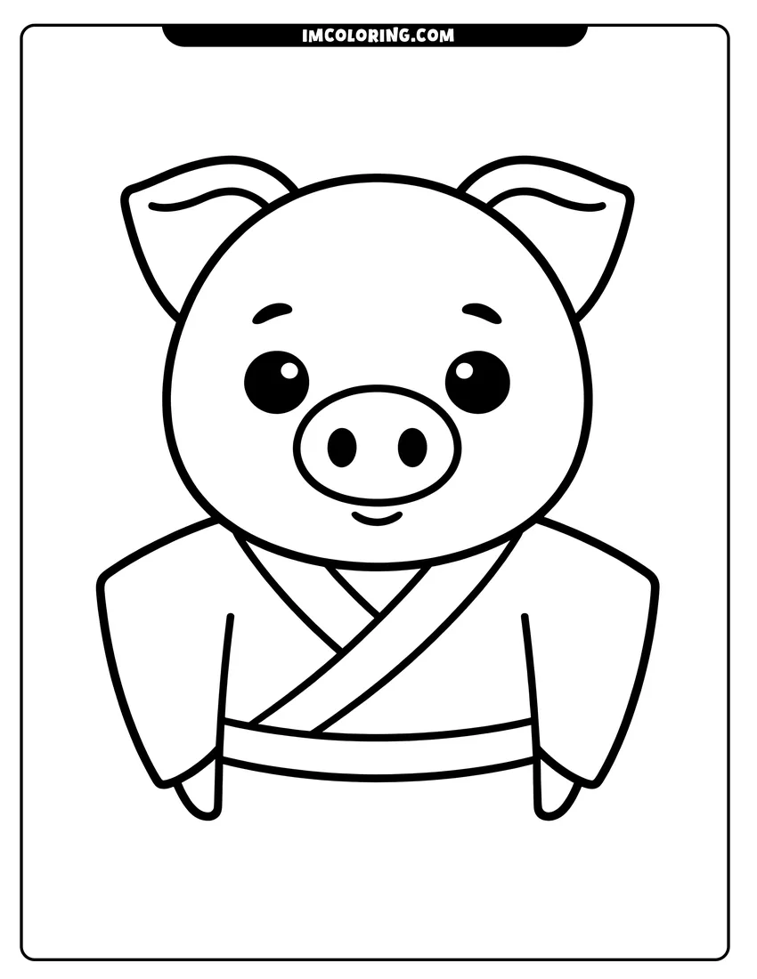 Clean line drawing: A cute cartoon pig with big eyes wearing a traditional martial arts gi and a belt