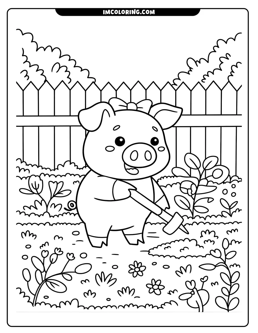 Simple sketch of A cartoon pig with a hair bow using a small shovel to garden near a wooden fence to color
