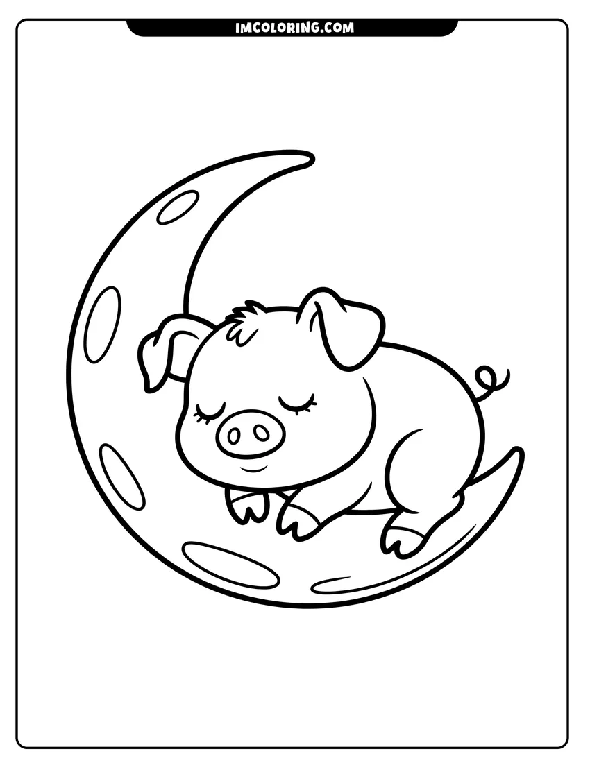Coloring sheet featuring A small pig with a curly tail sleeping peacefully on a crescent moon with simple black outlines