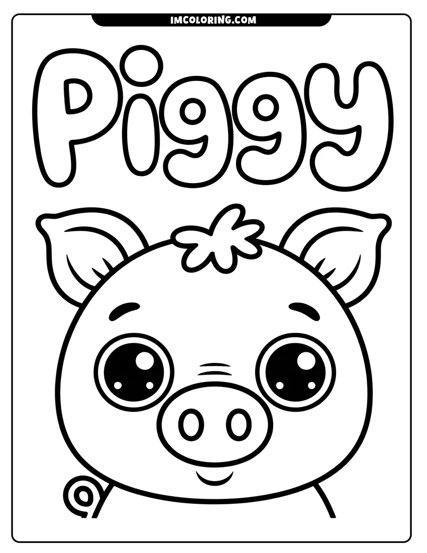 Coloring page of A cute cartoon pig with large eyes and a curly tail under the word piggy