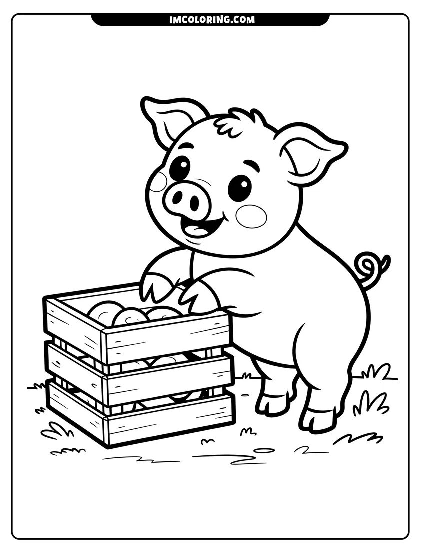 Outline drawing of A happy cartoon piglet standing on its hind legs looking into a wooden crate filled with fresh apples