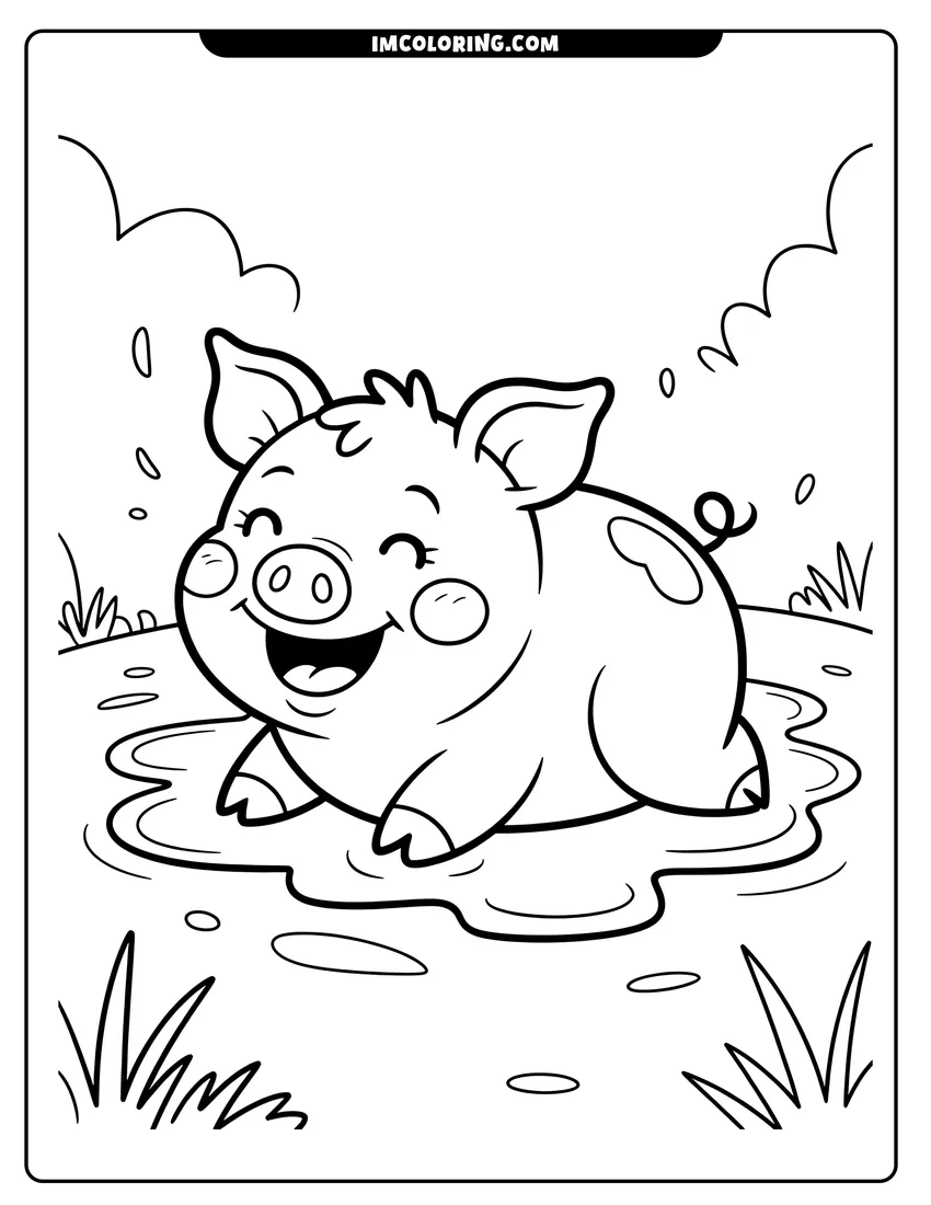 Coloring page for kids: A happy cartoon pig with a curly tail sitting in a mud puddle in a grassy field