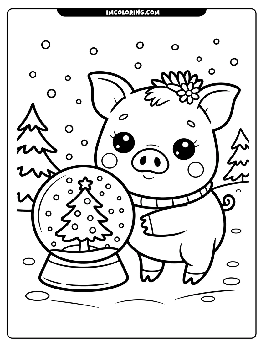 Black and white line art of A cute pig wearing a flower holding a snow globe with a Christmas tree inside during winter