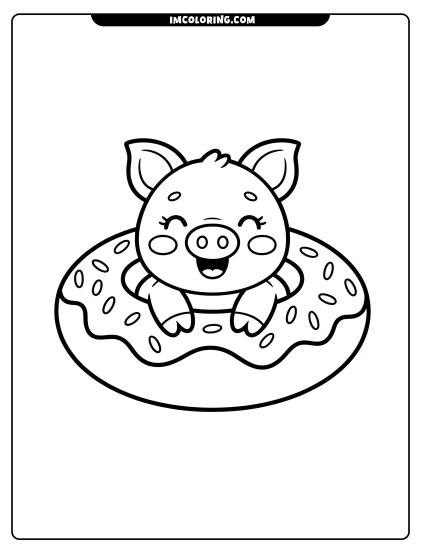 Coloring page for kids: A cute cartoon piglet smiling inside a large frosted donut with sprinkles