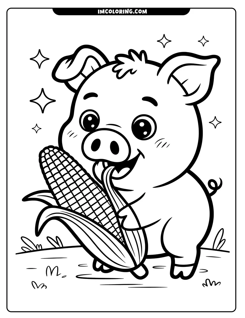 Clean line drawing: A cartoon piglet with big eyes smiling and eating a large cob of corn surrounded by stars