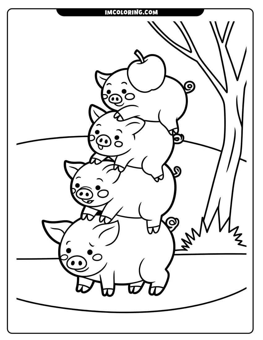 Coloring page of Four cartoon pigs stacked in a vertical tower near a tree with an apple on top