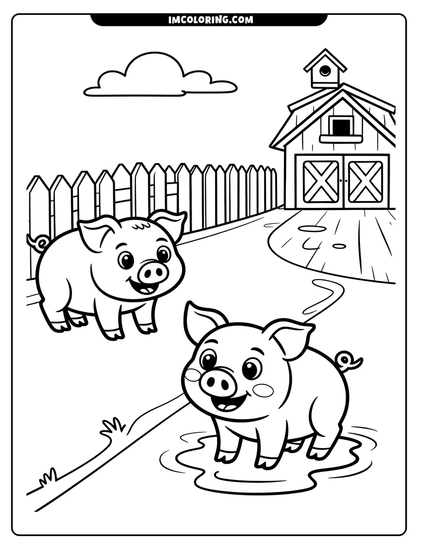 Printable line art of Two happy piglets smiling on a farm with a barn, fence, and one pig jumping in a puddle