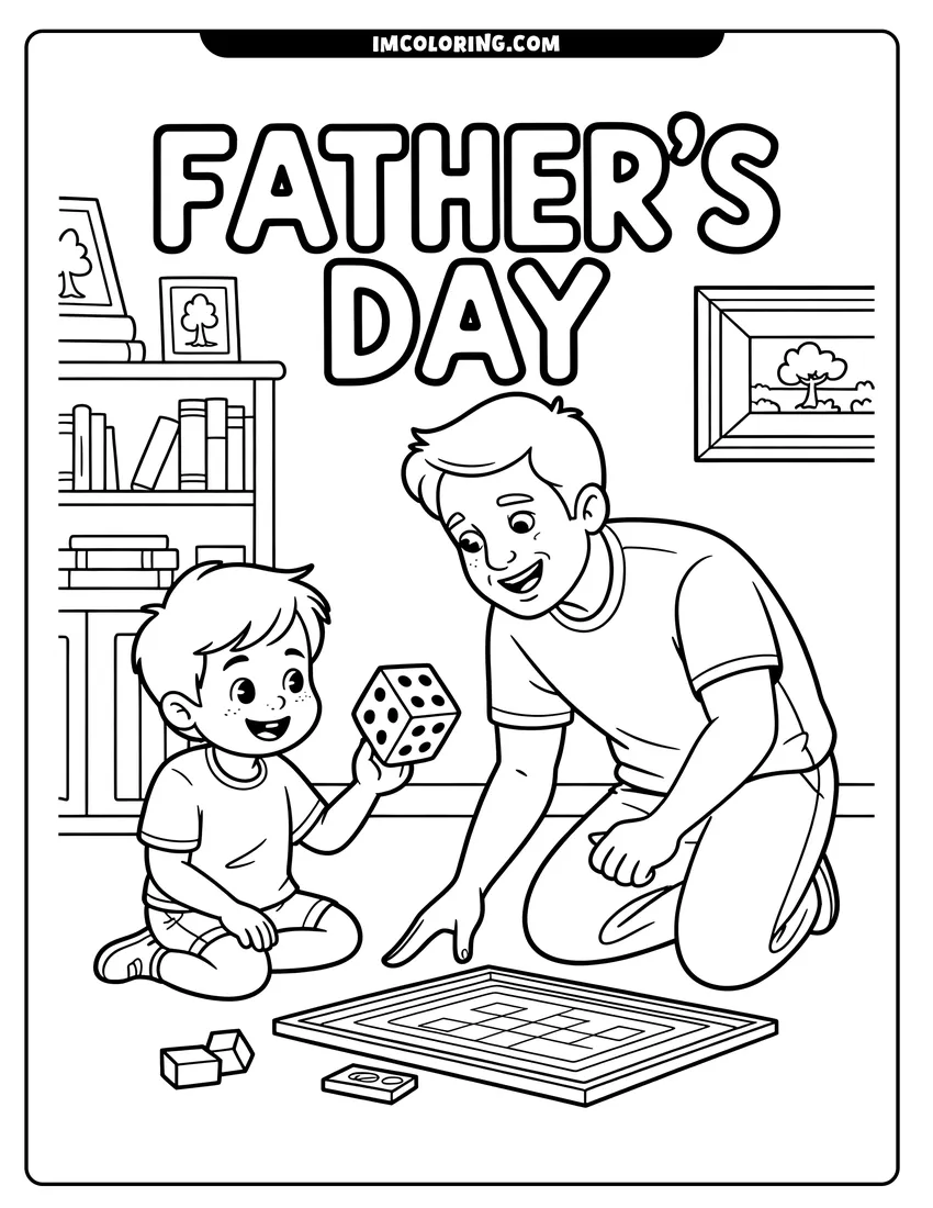 Coloring page of A father and son smile while playing a board game on the floor under Father's Day text