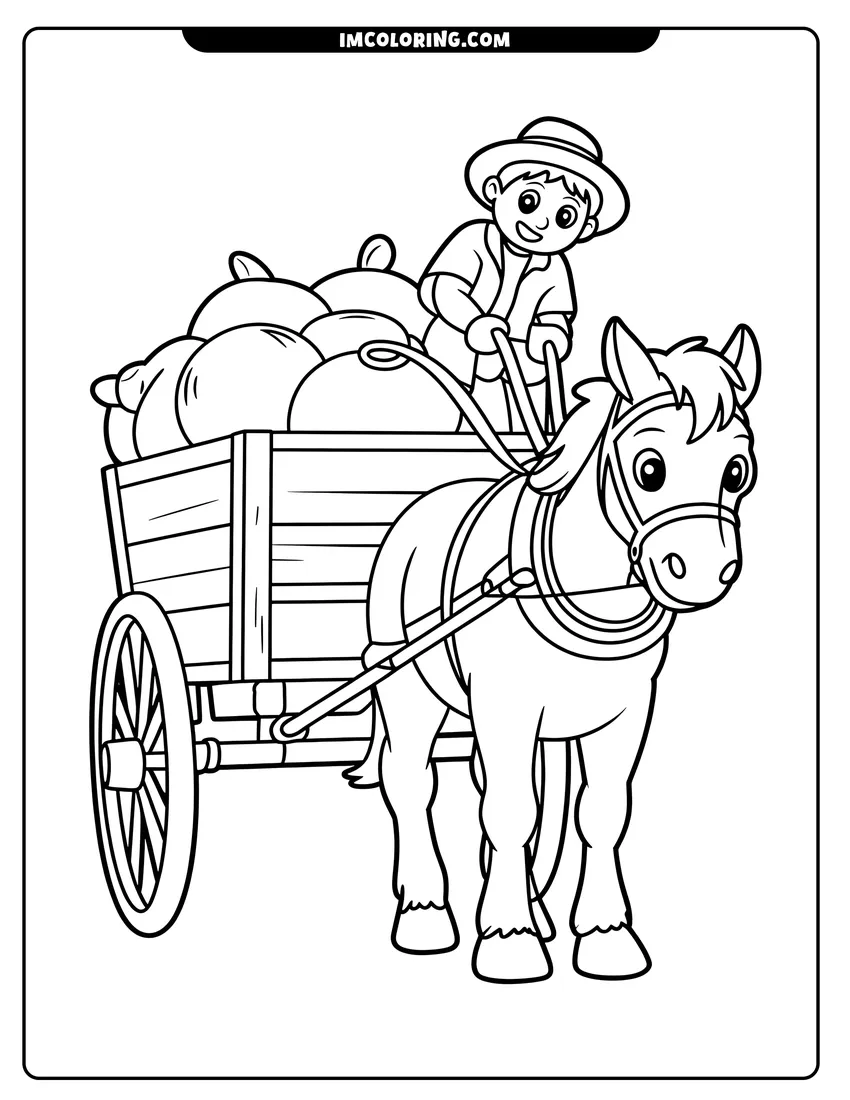 Full page coloring image of A cartoon horse pulling a wooden cart filled with large sacks driven by a smiling young boy