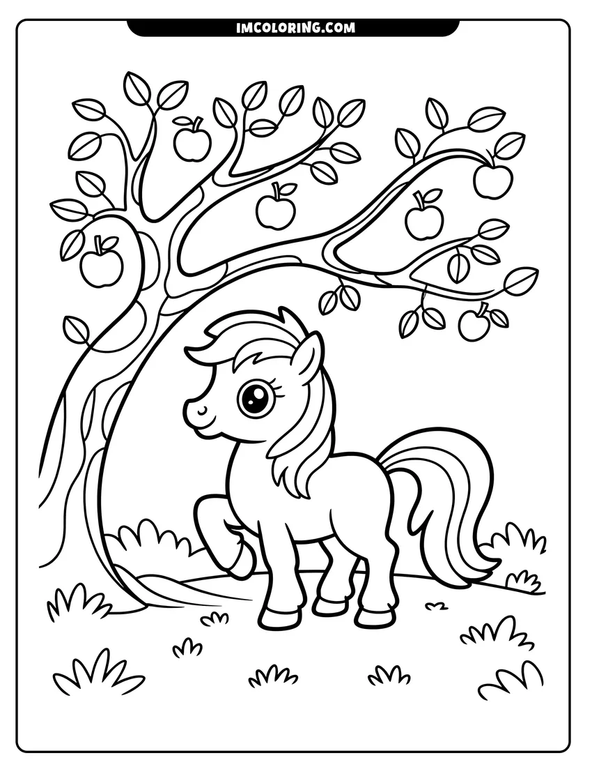 Free printable coloring sheet of A cute cartoon pony with big eyes standing under an apple tree with ripe fruit hanging down