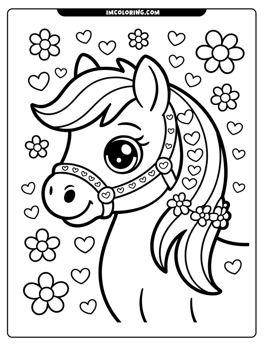 Simple sketch of A cute pony with large eyes surrounded by hearts and flowers wearing a heart-patterned harness to color