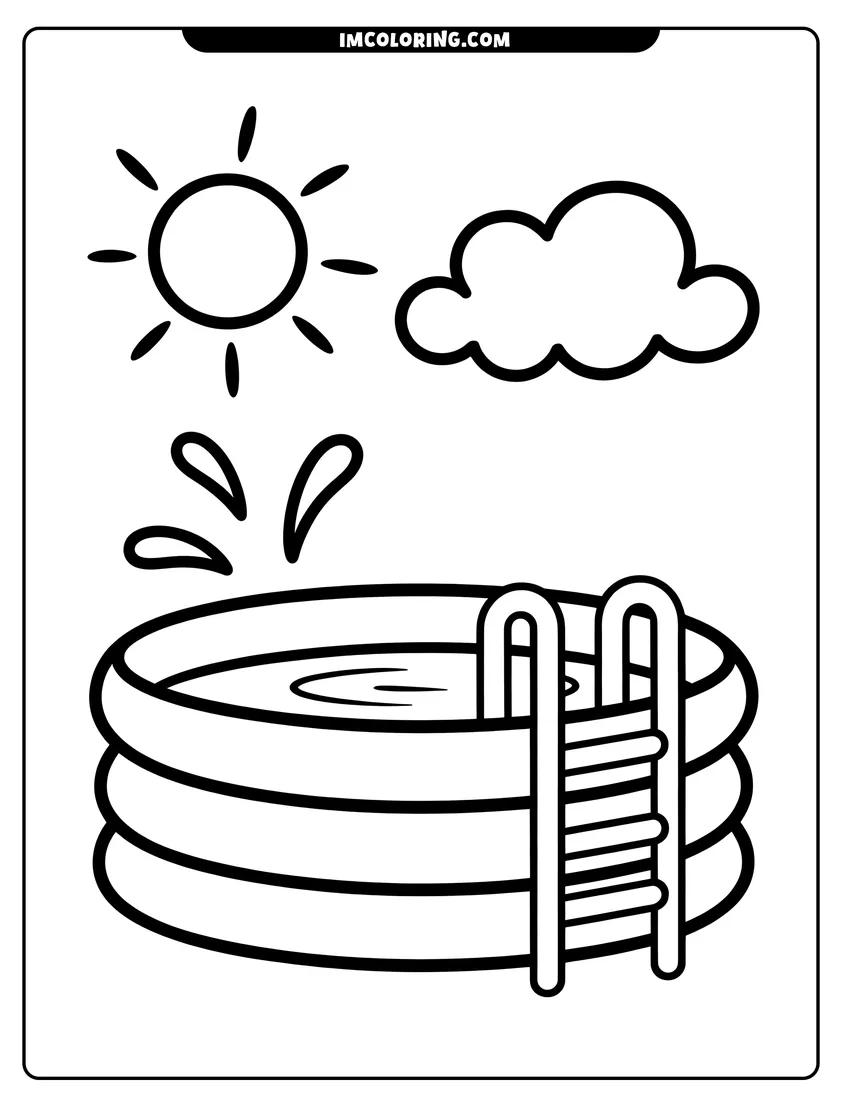 Vector style outline of An inflatable swimming pool with a ladder splashing water under a bright sun and fluffy cloud