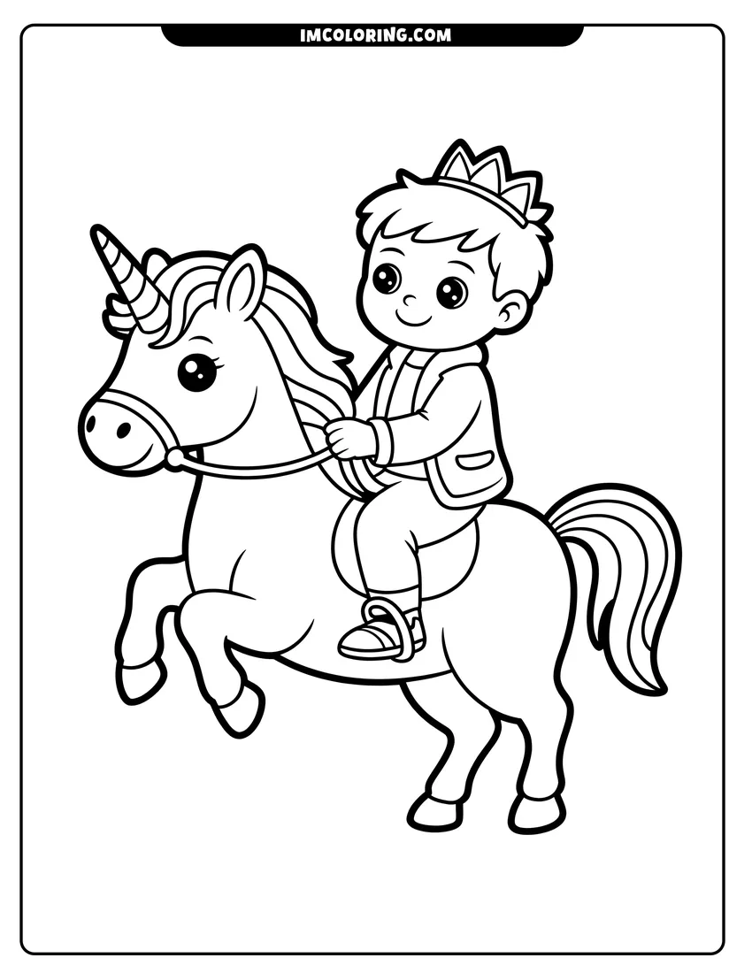 Printable coloring page of A small boy wearing a crown riding on the back of a friendly unicorn with thick lines