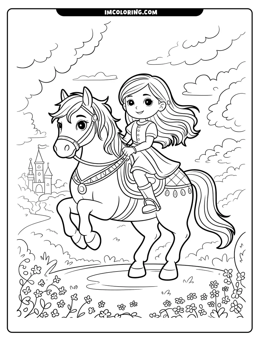 PDF style coloring page: A cute young girl with long hair riding a prancing horse in a flower field near a castle