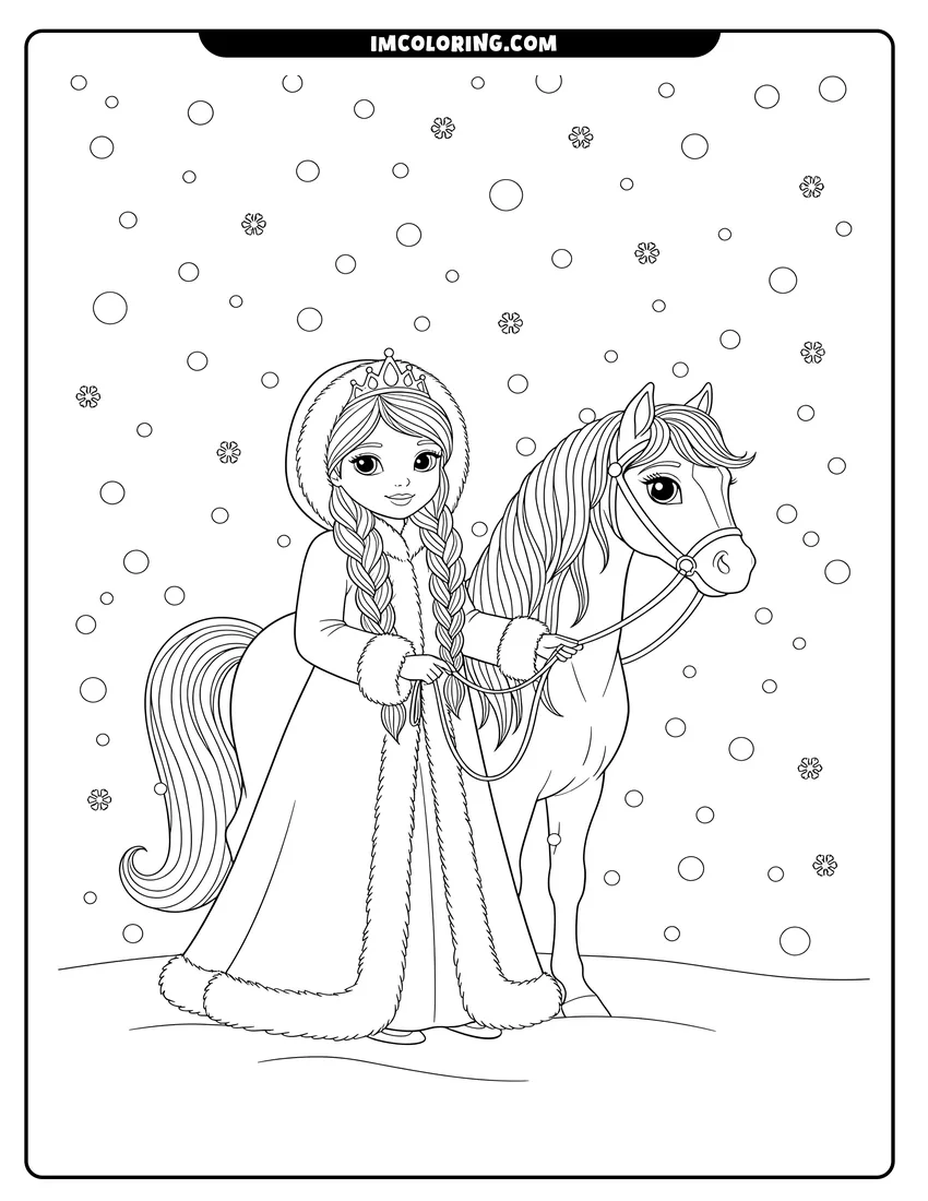 Printable coloring page of A princess in a winter coat leading a horse through a snowy field with falling snowflakes