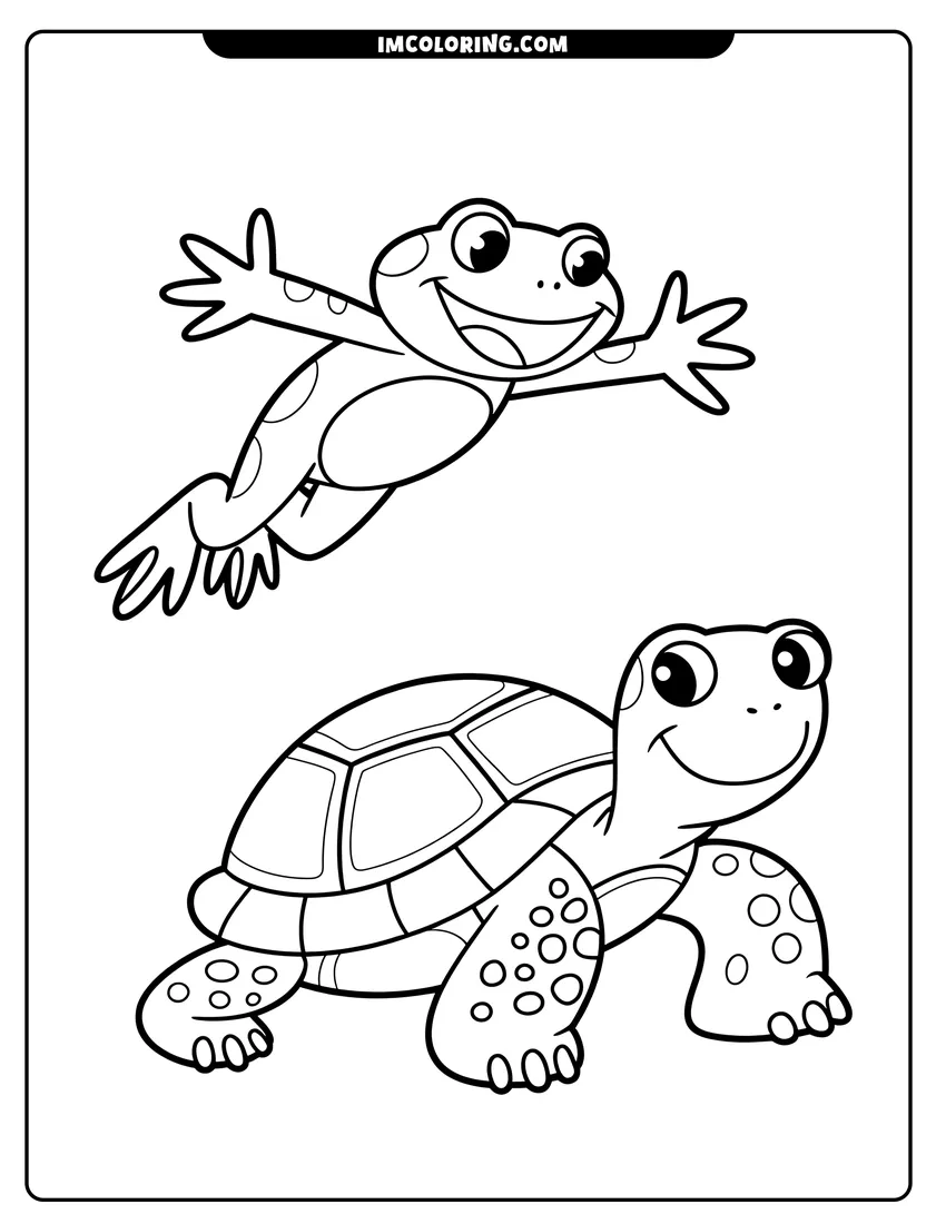 High quality printable A smiling cartoon turtle walks on the ground while a happy frog jumps in the air above it for coloring