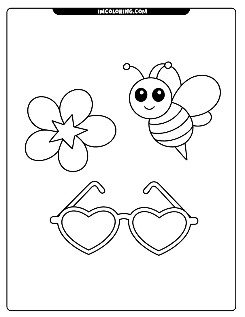 Simple sketch of A smiling bumblebee flying next to a five-petal flower and a pair of heart-shaped sunglasses with thick outlines to color