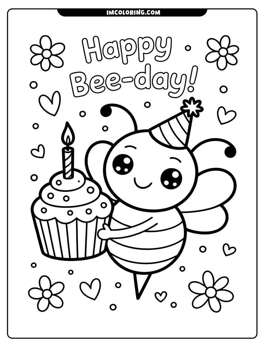 Linear illustration of A cute bee wearing a party hat holding a large birthday cupcake with a candle and flowers around