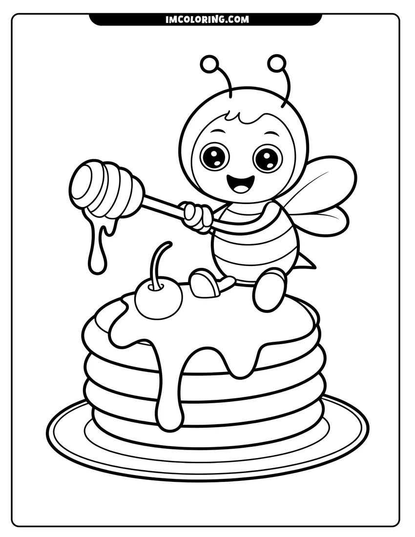PDF style coloring page: A cute cartoon bee sitting on a stack of pancakes holding a honey dipper with a cherry