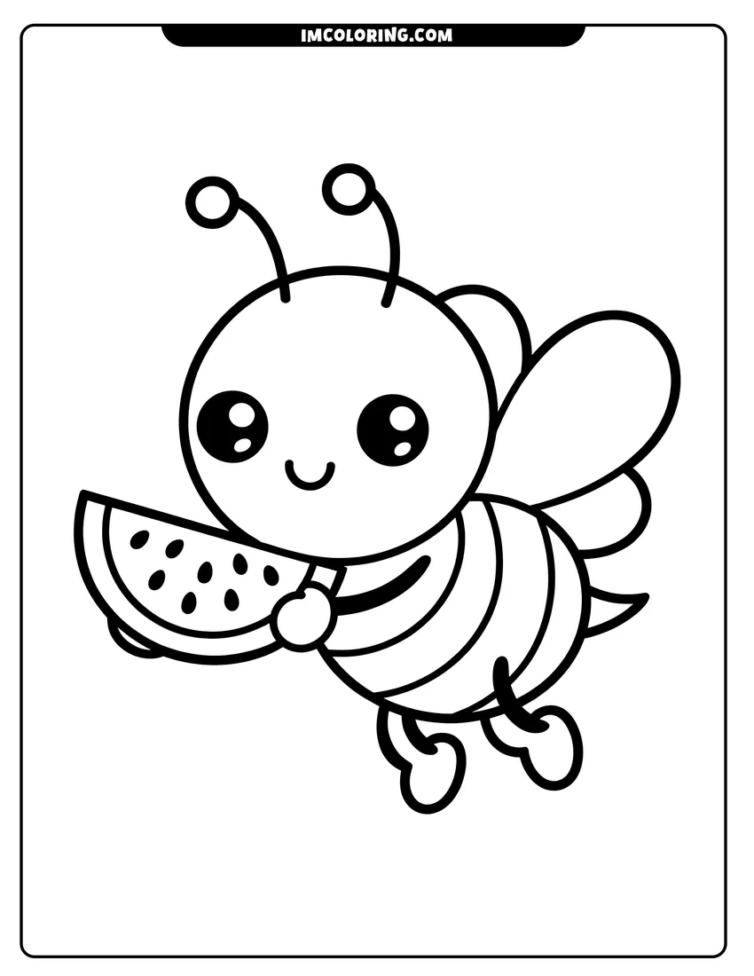 Black and white line art of A cute cartoon bee with large eyes flying while holding a slice of watermelon with seeds