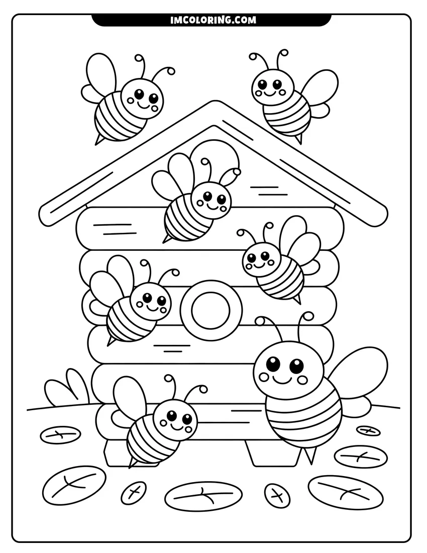 Printable coloring page of Several cute cartoon bees with smiling faces flying around a wooden beehive structure on the ground