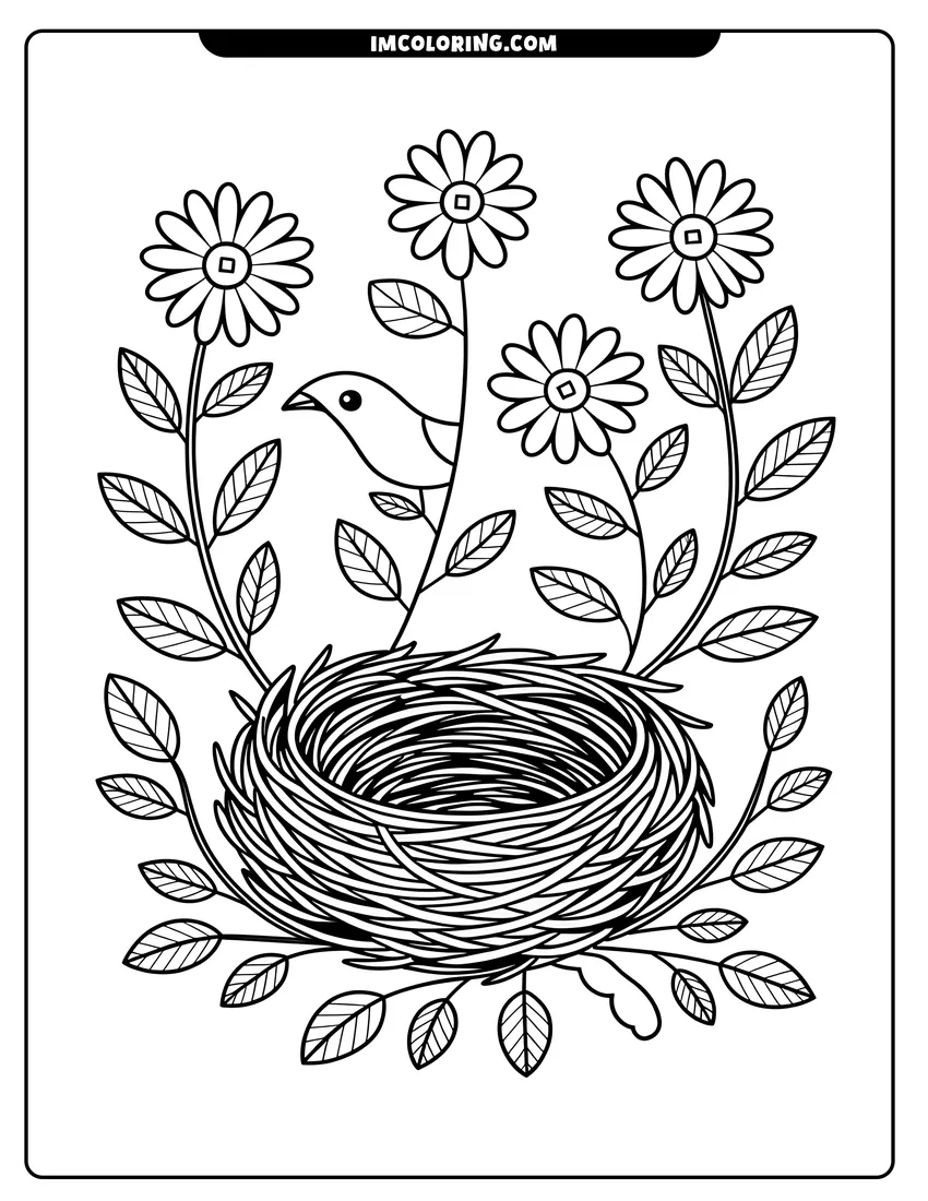PDF style coloring page: A small bird perched behind tall sunflowers next to a woven nest with many leaves
