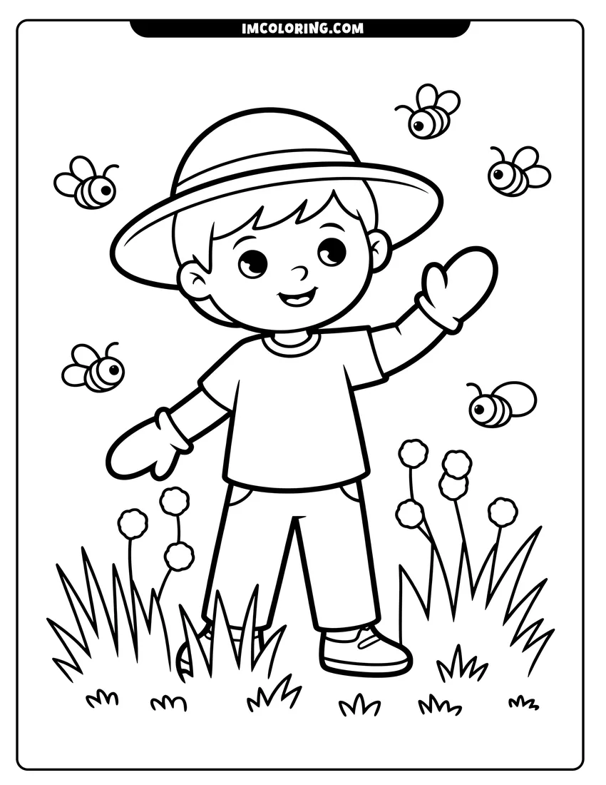 Coloring page of A happy young beekeeper wearing a hat and gloves waves at small bees flying in a garden
