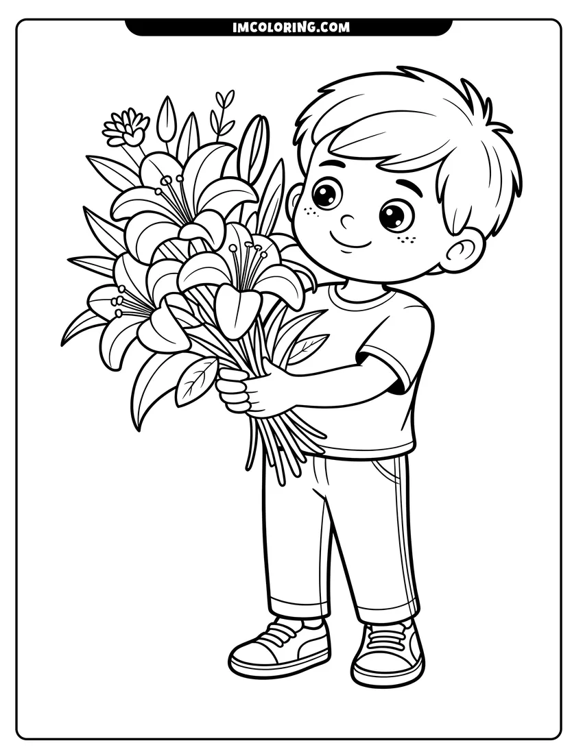Full page coloring image of A smiling young boy holding a large bouquet of lily flowers with big petals and long leaves
