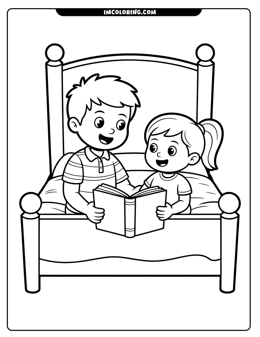 Printable coloring page of A young boy and girl sitting in bed reading a book together with happy smiles