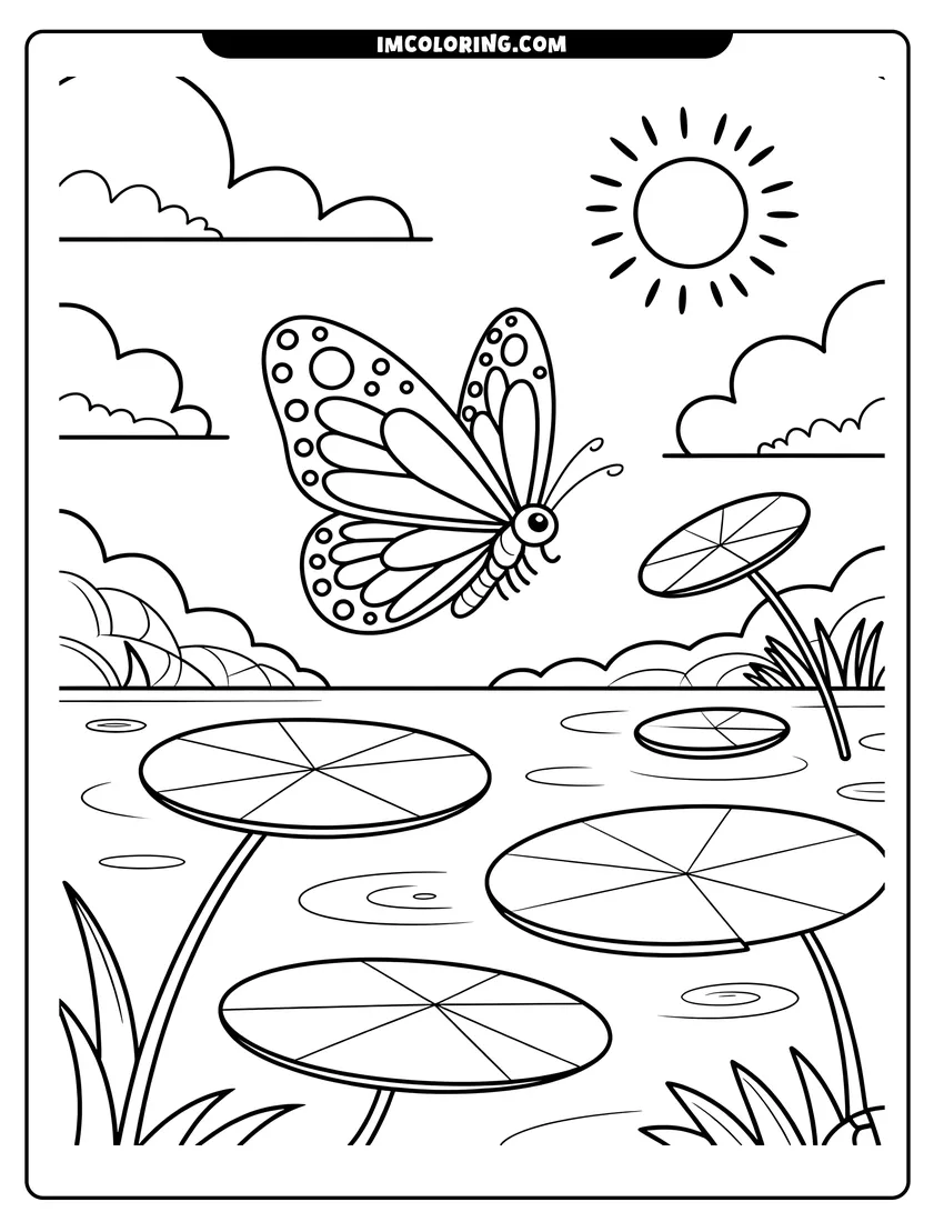 Printable coloring page of A butterfly with patterned wings flies above lily pads on a pond under a bright shining sun