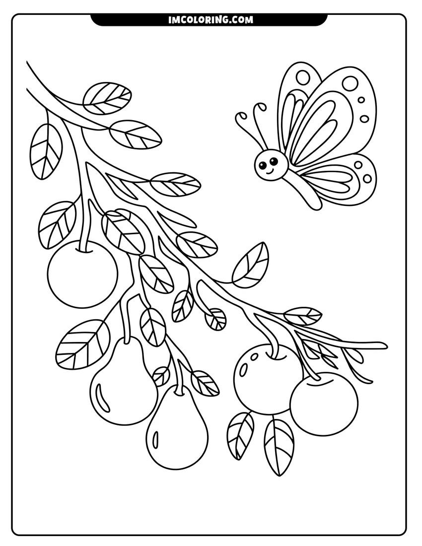 High quality printable A smiling butterfly flies next to a tree branch filled with pears, apples, and green leaves for coloring
