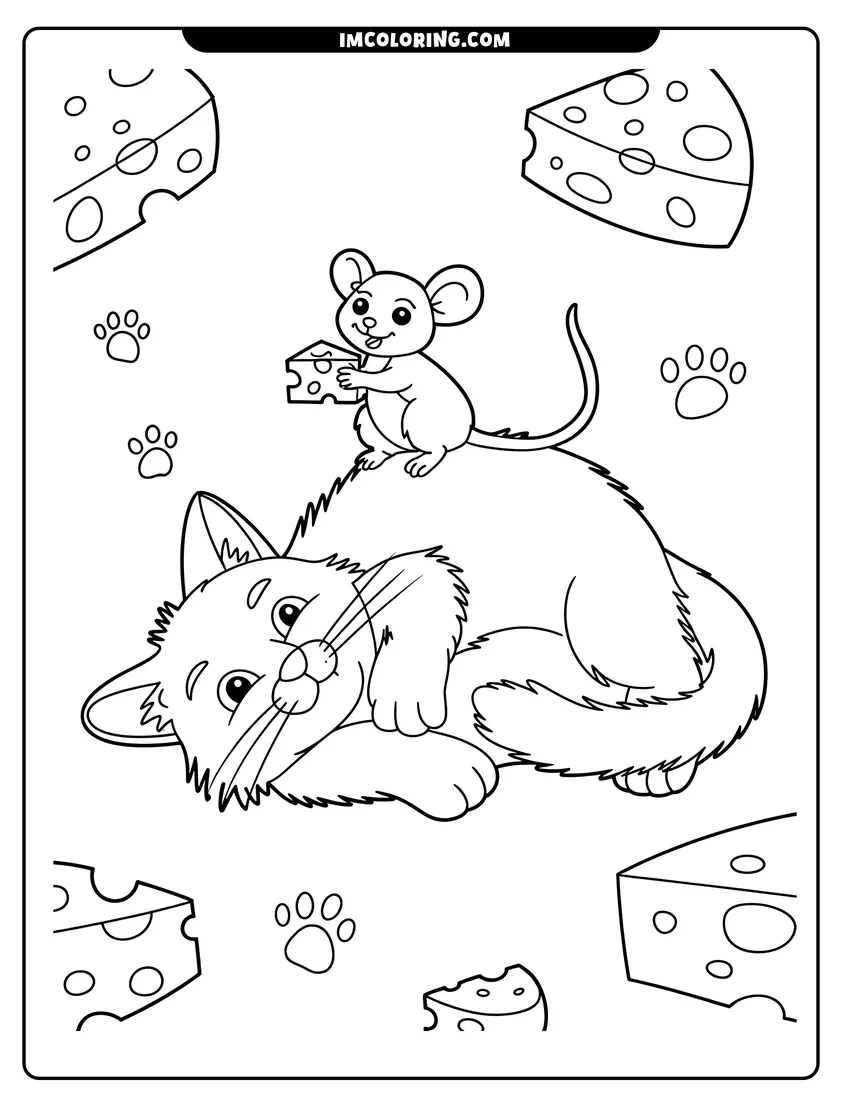 Clean line drawing: A cute fluffy cat lying down with a small mouse sitting on its back holding a cheese wedge
