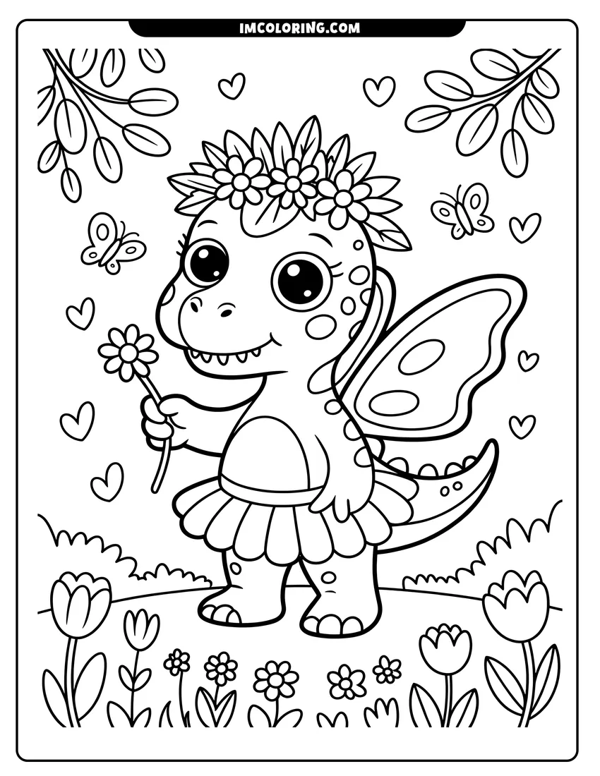 Coloring page of A baby dinosaur with fairy wings and a flower crown holds a daisy in a garden of hearts